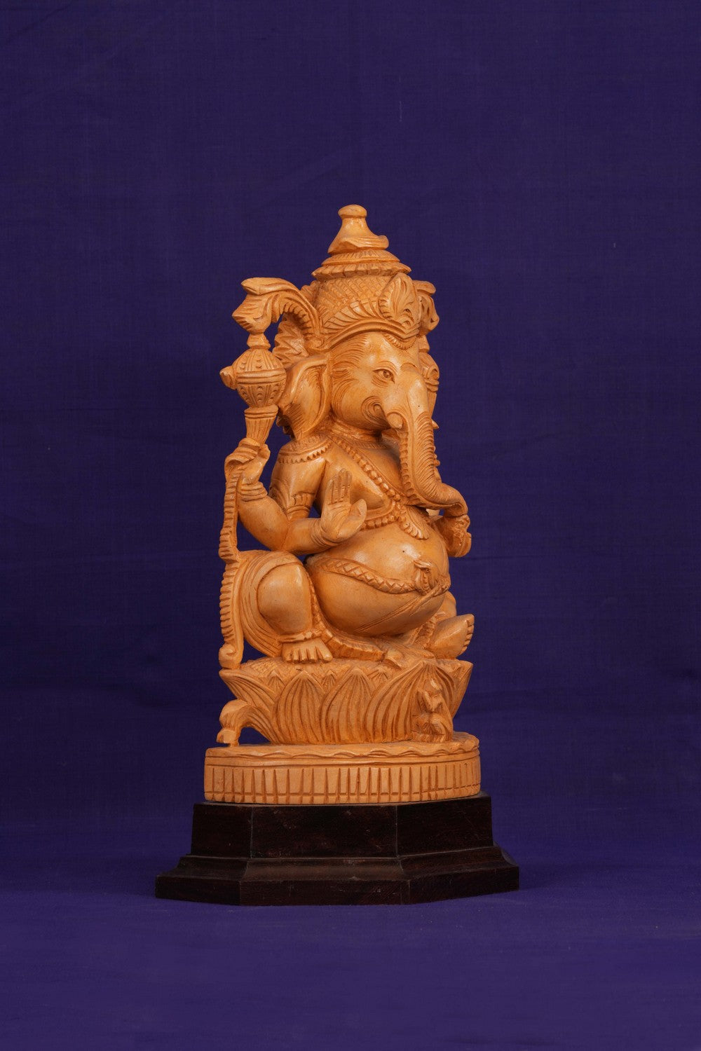 Image of Ganesha Bhagwan Murti Sitting with Moshak on Lotus Flower Base Idol.